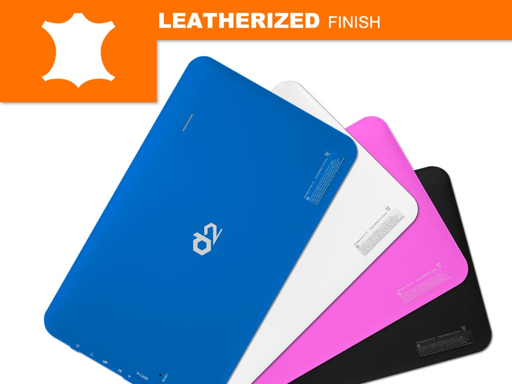 Shows the back of the tablet with leatherized finish.