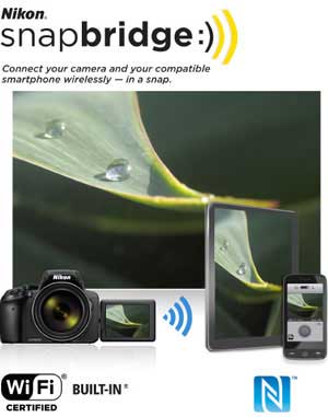 Nikon COOLPIX P900 photo of a leaf and water drops, tablet and phone showcasing wireless connectivity
