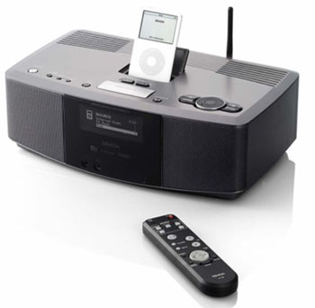 The Denon S-32 wireless network music system with built-in speakers and 2-alarm clock
