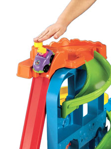 A child send the vehicle off on the descent