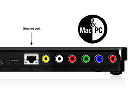 The Ethernet port allows you to connect to your home network and access any media on your PC or Mac.