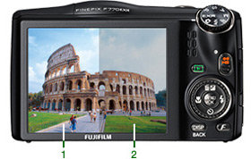 LCD mit „Sonnenlicht-Modus - 1=F750EXR 2= konventionelle Kamera