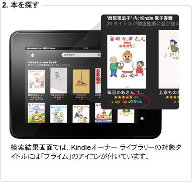 検索結果画面では、Kindleオーナー ライブラリーの対象タイトルには「プライム」のアイコンが付いています。