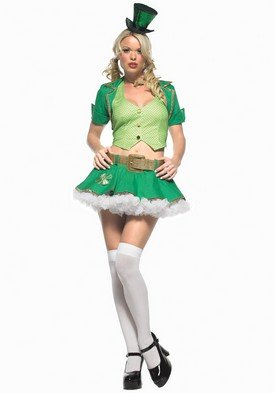 Sexy Lucky Charm Leprechaun Costume Includes Vest, Skirt With Clover Applique, and Shrug, Bow Tie, and Belt