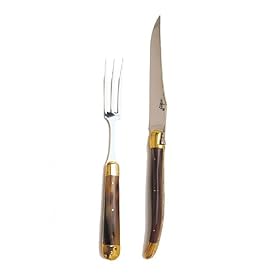 Large Laguiole Carving Set Horn Tip Handle 2 Brass Bolsters by Carving Knives