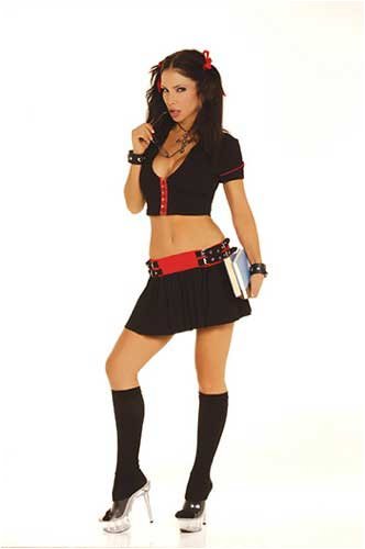 Gothic School Girl Costume Includes a Skirt with Buckle Trim and Short Sleeve Shirt with Hook and Eye Closure, One Size or Queen Plus Size in Black