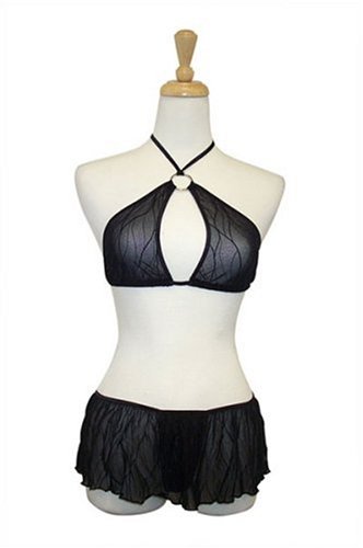 Sexy Exposed by Magic Silk Wavy Line Mesh O-Ring Halter/Skirt/G-String Set, Lrg/Xl, Black