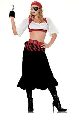 Sexy 5PC Scurvy First Mate Includes Scarf Eye Patch Hook Peasant Top Long Skirt with Belt