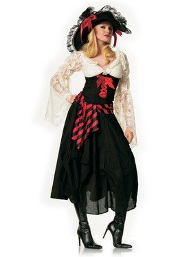 Sexy 3PC Gold Doubloon Pirate Includes Lace Sleeved Top Long Skirt and Striped Sash
