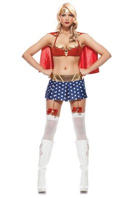 Sexy 4PC Justice Girl with Underwire Bra Top, Garter Skirt, Cape, Head Band