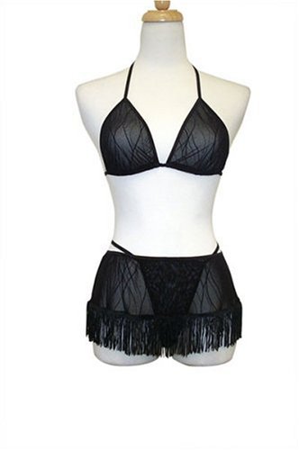 Sexy Exposed by Magic Silk Wavy Line Mesh Bra/Skirt and G-String Set, Lrg/Xl, Black
