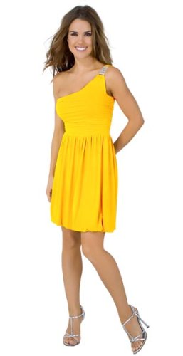 Sexy Fancy Grecian Inspired Petite One-Shoulder Bubble Dress with Vintage-Like Rhinestone Accent from Hot Fash Dresses - APOLLONIA Mustard