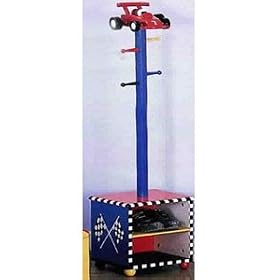 Racecar coat stand and shoe holder. 4 pegs. Racecar on the top of a pole.