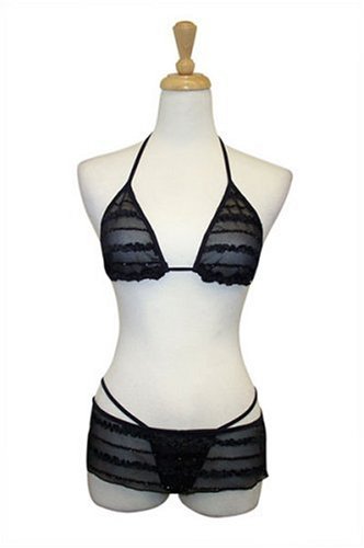 Sexy Exposed by Magic Silk Ruffle Mesh Bra/Skirt/G-String Set, Sml/Med, Black