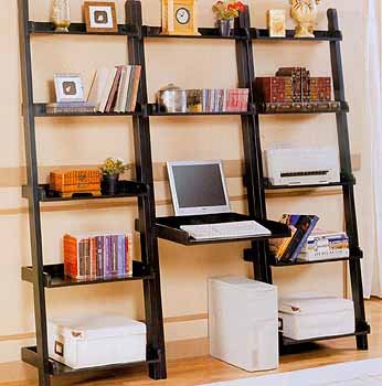 Black Finish Leaning Desk With Two Bookcases