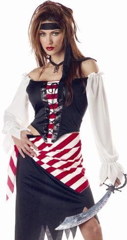 Sexy Adult Buccaneer Womens Pirate Costume Outfit Corset Top Black Skirt Striped Hip Wrap