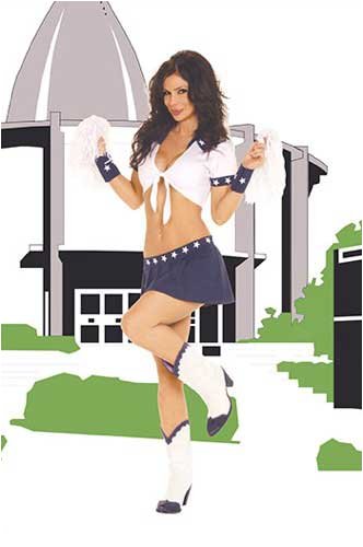Sexy Cheerleader Costume Includes Short Sleeve Tie Front Top with Collar and Matching Pleated Mini Skirt and Wrist Bands and Pom Poms Sizes Small/Medi