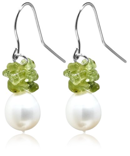 Freshwater 9-10mm Cultured Pearl and Peridot Chip Earrings