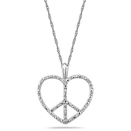 10k White Gold Diamond Heart Peace Sign Pendant (1/10 cttw, I-J Color, I2-I3 Clarity), 18
