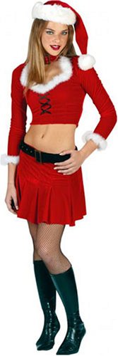 Sexy Ms Santa Midriff Top with Marabout Trim and Pleated Skirt and Hat