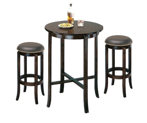 York Espresso Pub Table Set with 2 Leather Nailhead Swivel Bar Stools