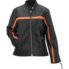 Womens Leather Jacket,Evel Knievel Ladies Genuine Leather Black/Orange Racing Jacket