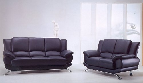 Stunning Contemporary Design Black Leather Sofa Loveseat Set