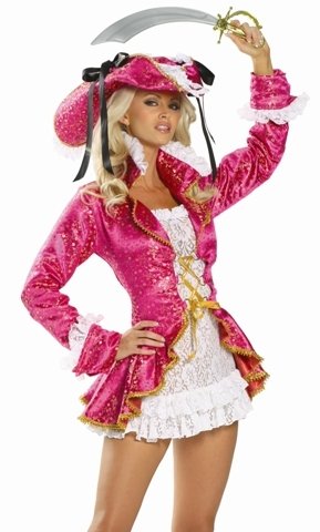 Sexy Deluxe Costume Female Lady Pink Pirate Dress Captain Swashbuckler Buccaneer Outfit w/ Hat