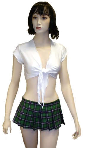 Sexy School Girl Outfit with White Tie Top and Green Plaid Mini Skirt Adult Junior Size for Fetish or Role Playing