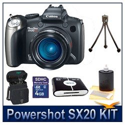 Canon Powershot SX20IS 12.1MP Digital Camera with 20x Wide Angle Optical Image Stabilized Zoom and 2.5-inch Articulating LCD Bundle w/ 4GB SD Memory, Card Reader, Case, Tripod and Lens Cleaning Kit