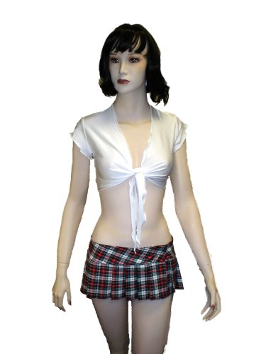 Sexy Queen Size Sexy Schoolgirl Outfit Costume with Red and White Plaid Skirt and Tie Top