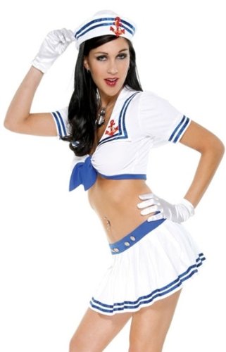 Sexy Adult Womens Sexy Pin Up Navy Sailor Girl Skirt Set Outfit Costume White Nautical Fancy Dress + Hat