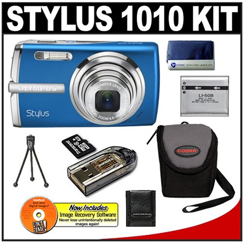 Olympus Stylus 1010 10.1MP Digital Camera with 7x Optical Zoom (Blue) + 4GB microSDHC Card with Card Reader + Spare Li-50B Battery + Compact Padded Camera Case