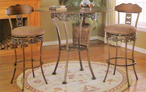 3 pc bar table set with wood top and swivel stools with partial wood back