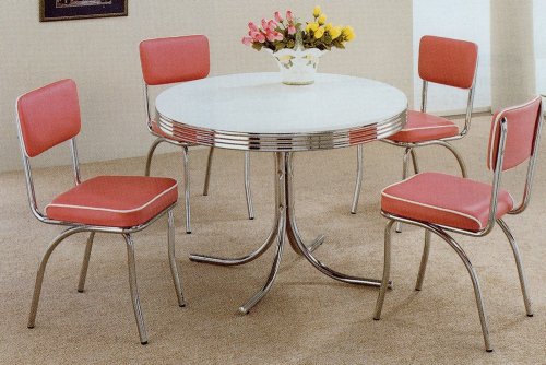 5pc White & Chrome Retro Round Table & Rose Chairs Set