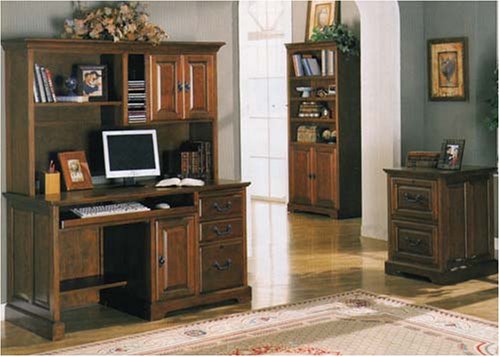 4 Pc New Mahogany Finish Wood Home Office Collection -- Hutch, Computer Desk Table, Bookcase and File Cabinet