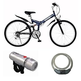 Raychell(レイチェル) 26インチ18スピード折畳み自転車 MTB-2618R-07 / LED5連ライト / ダイヤル式ワイヤー錠 JC-001W クリアー 3点セット