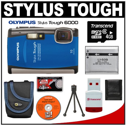 Olympus Stylus TOUGH-6000 Shockproof & Waterproof Digital Camera (Blue) + 4GB microSD Card with Reader + Spare Li-50B Battery + Case + Cameta Bonus Accessory Kit