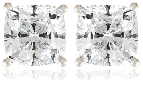Platinum Overlay Sterling Silver 7x7 mm Cushion-Cut Cubic Zirconia Stud Post Earrings