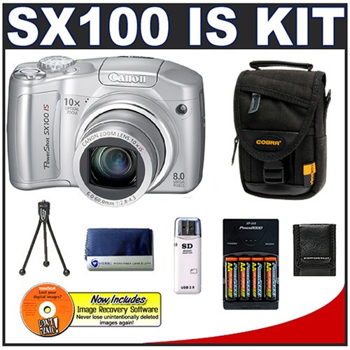 Canon PowerShot SX100IS 8MP Digital Camera with 10x Optical Image Stabilized Zoom (Silver) + NiMH Rapid Charger and High-Capacity Rechargeable Batteries + USB Card Reader + Padded Camera Case