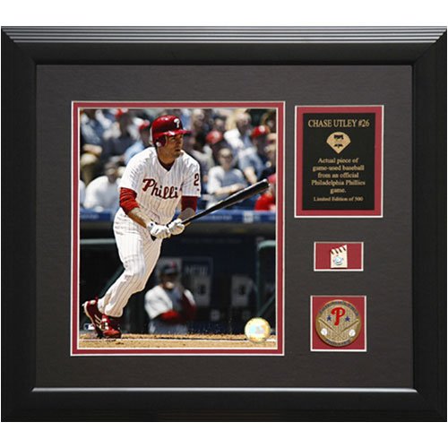 Chase Utley Philadelphia Phillies Framed 8x10 Photograph with Game-Used Baseball Piece & Medallion