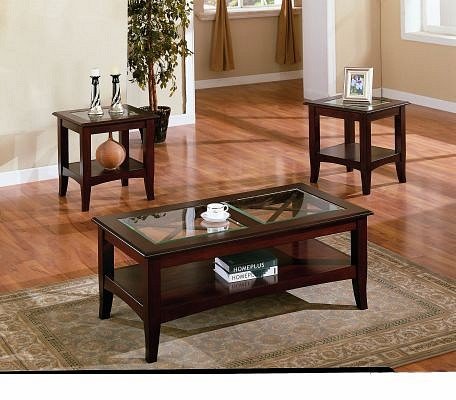 3pc Contemporary Cappuccino Coffee and End Table Set w/Glass Insert