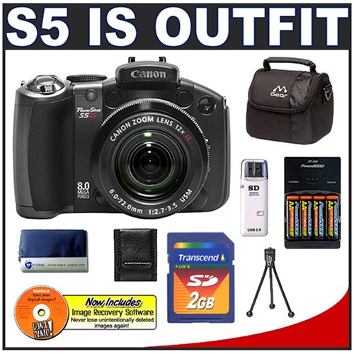 Canon PowerShot S5 IS 8.0 Megapixel Digital Camera with 12x Optical Zoom + Transcend 2GB SecureDigital (SD) Card + High Speed USB 2.0 SecureDigital (SD) Card Reader + (4) - 2700mAh AA NiMH Rechargeable Batteries w/5 Hour 110-220v Charger + Digital Camera Case
