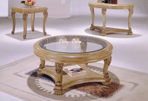 Antique White Finish Round Wood Carved COFFEE TABLE with Glass Top 
