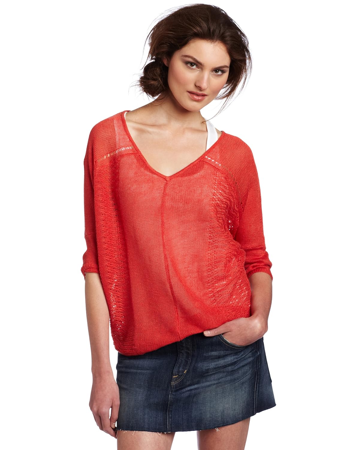 elegant Velvet Women's Chrissy Linen Lace Stitch V-Neck Sweater