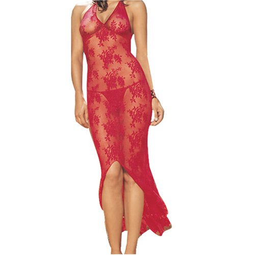 Leg Avenue 2 Piece Halter Lace Long Bias Cut Gown with G-String